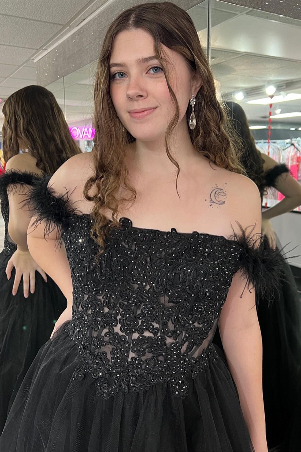 Black Lace Feather Off-the-Shoulder A-Line Prom Dress with Slit