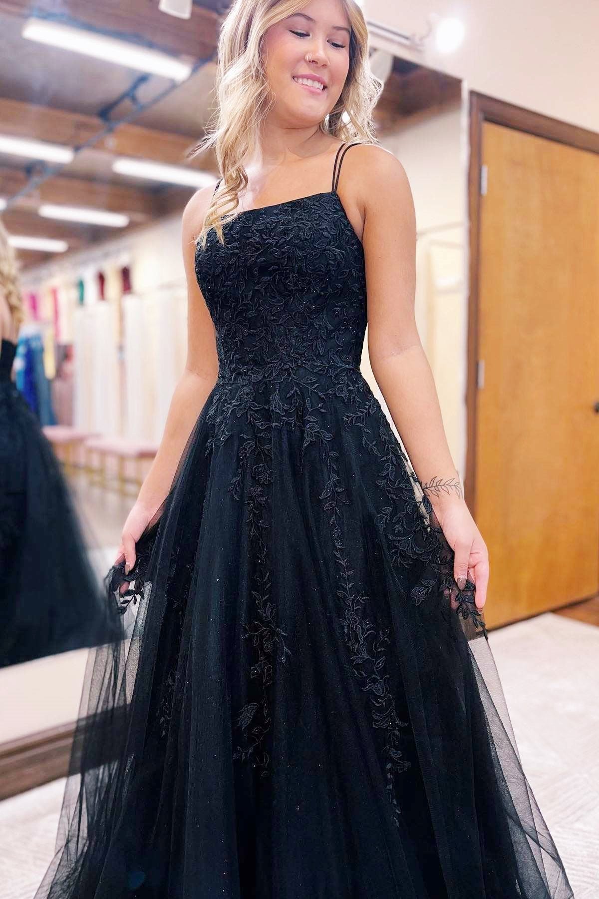 Black Applique Lace-Up Back A-Line Prom Dress