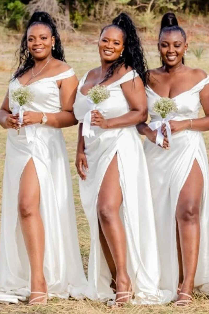 Elegant Off Shoulder Side Slit Black Satin Bridesmaid Dresses with Trailing, BG574