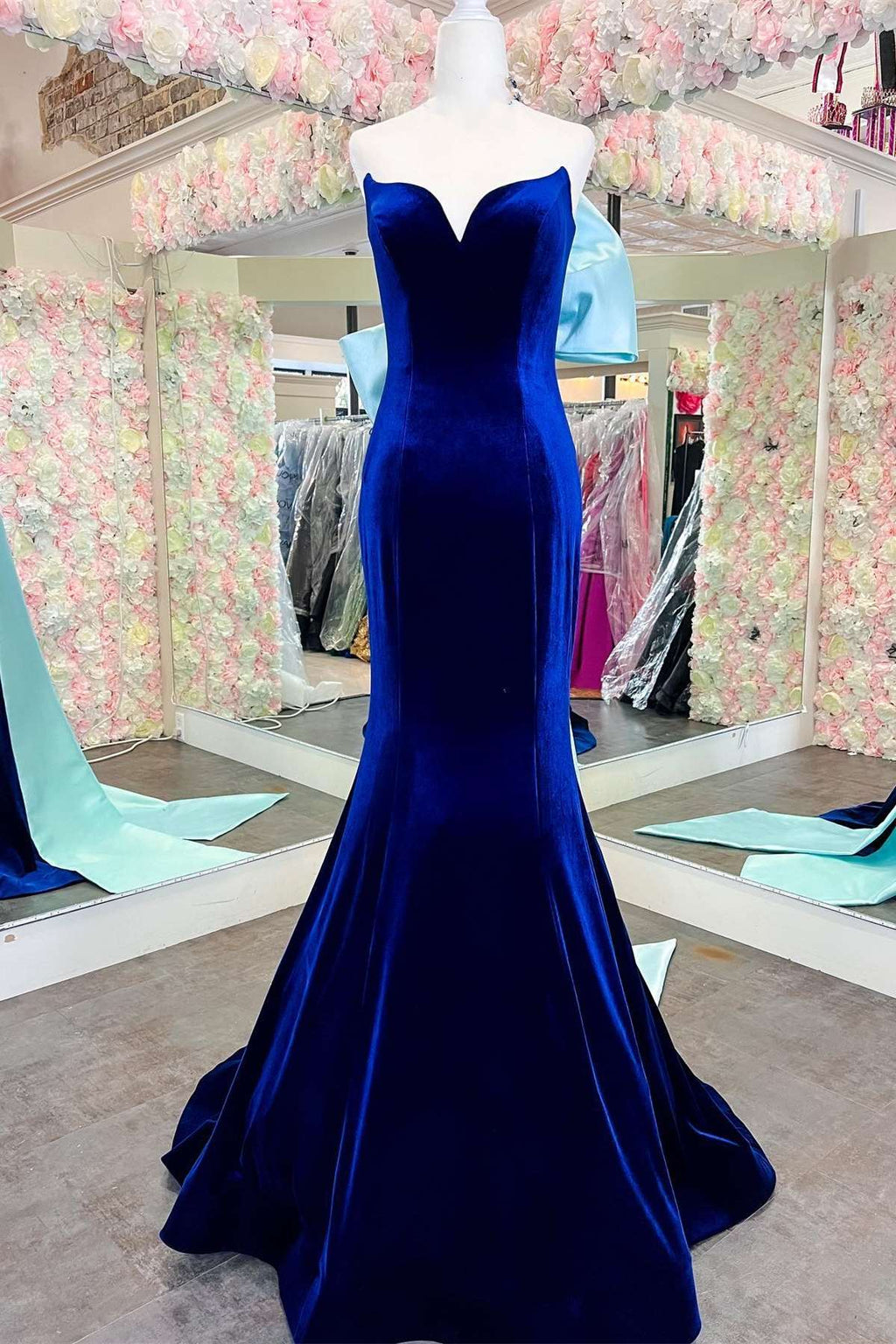 Simple Royal Blue Velvet Strapless Long Prom Dresses With Split,SFPD0213 main image 0