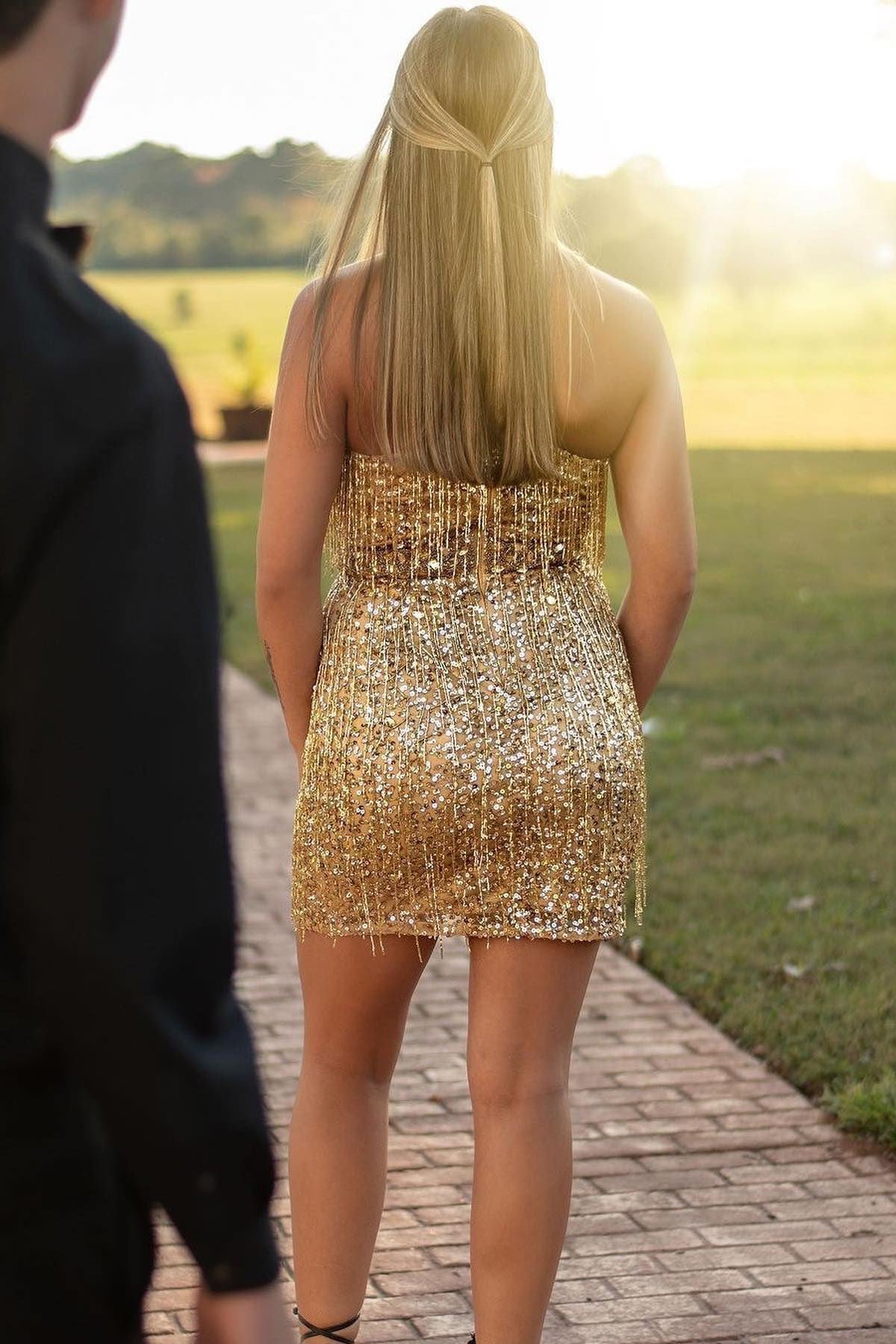 Gold Sequin Fringe Plunge V Bodycon Short Homecoming Dress