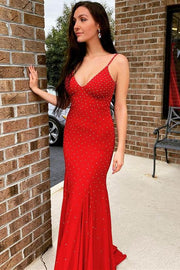 Red Bead Straps Backless Mermaid Long Formal Dress
