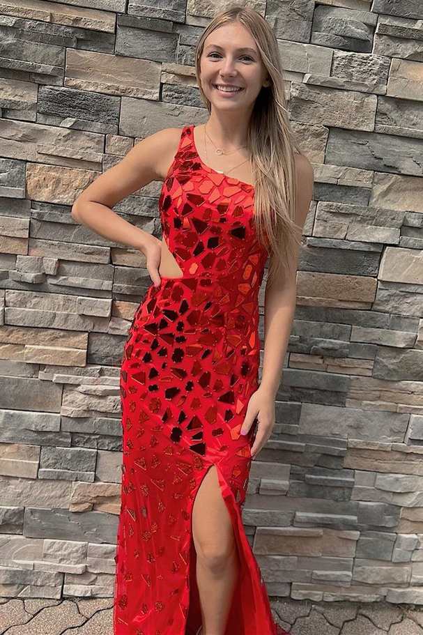 Red Cut Glass Mirror One-Shoulder Cutout Long Prom Dress with Slit