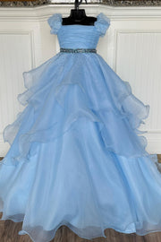 Cinderella Blue Multi-Layer Girl Pageant Dress with Puff Sleeves