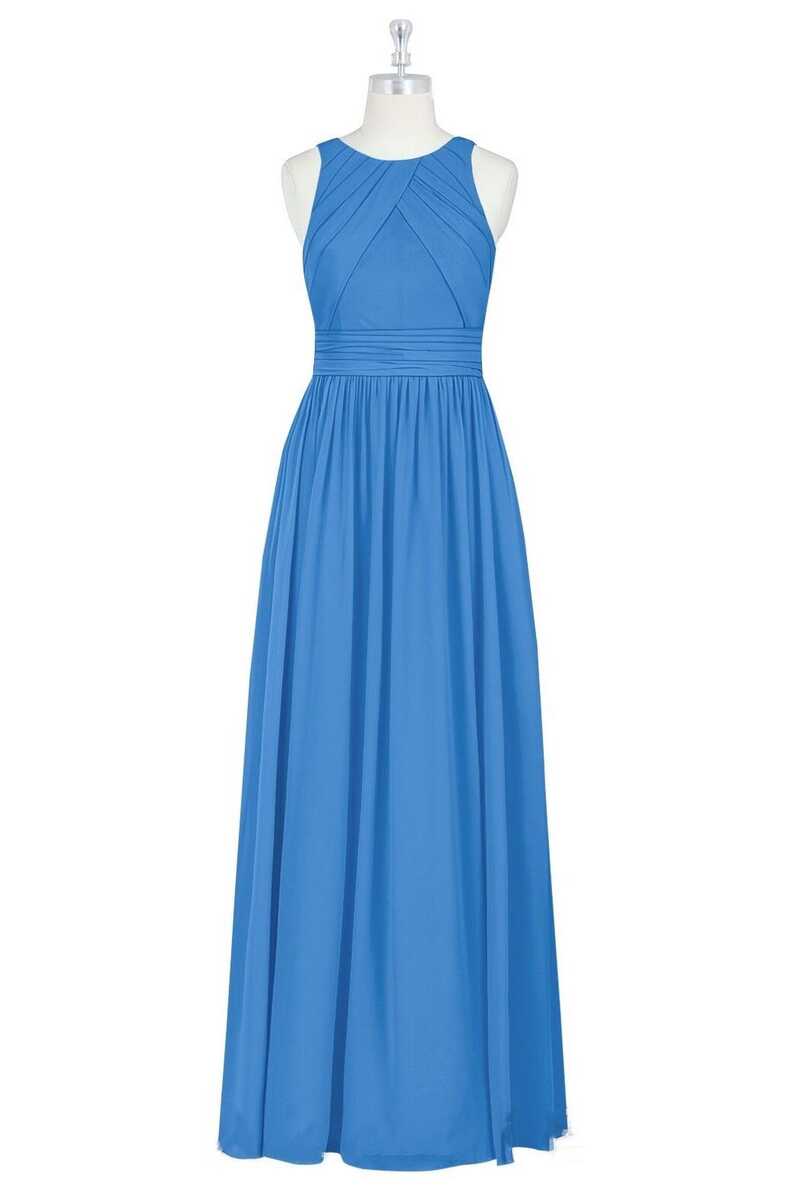 Blue Crew Neck Sleeveless A-Line Long Maid of Honor Dress – Modsele