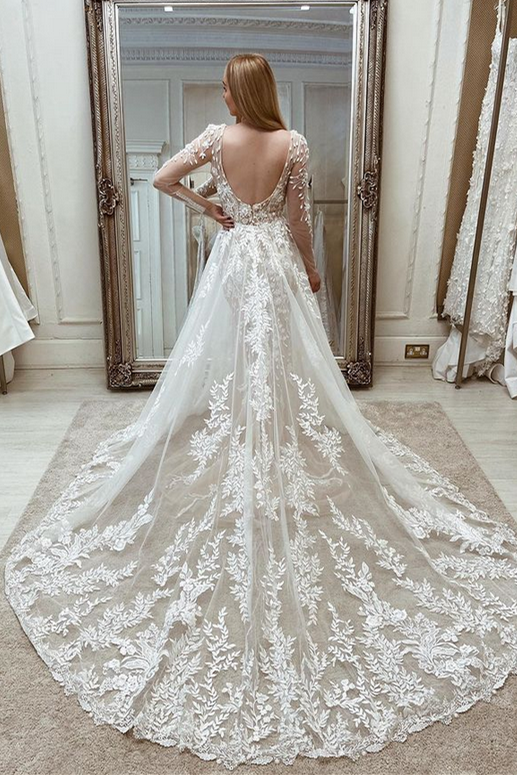 White Lace Backless Mermaid Wedding Dress with Attached Train