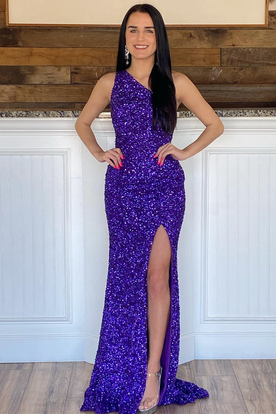 Glitter One Shoulder Hot Pink Sequins Mermaid Prom Dress with Slit