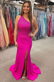 Neon Pink Beaded One-Shoulder Cutout Long Formal Dress
