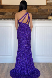 Glitter One Shoulder Hot Pink Sequins Mermaid Prom Dress with Slit