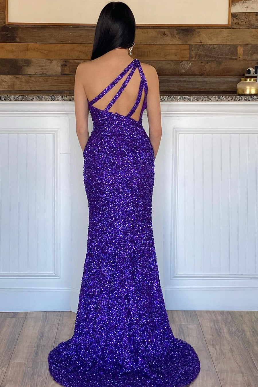 Glitter One Shoulder Hot Pink Sequins Mermaid Prom Dress with Slit