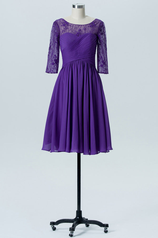 Purple Embroidered Half Sleeves A-Line Short Bridesmaid Dress