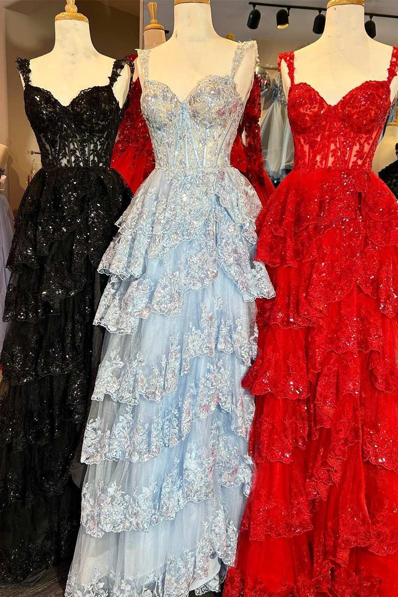 Fairytale Sequin-Embroidery Off-the-Shoulder Tiered Long Prom Dress with Slit