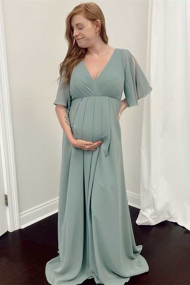 Sage Green V-Neck Ruffles Sleeve Pregnant Bridesmaid Dress