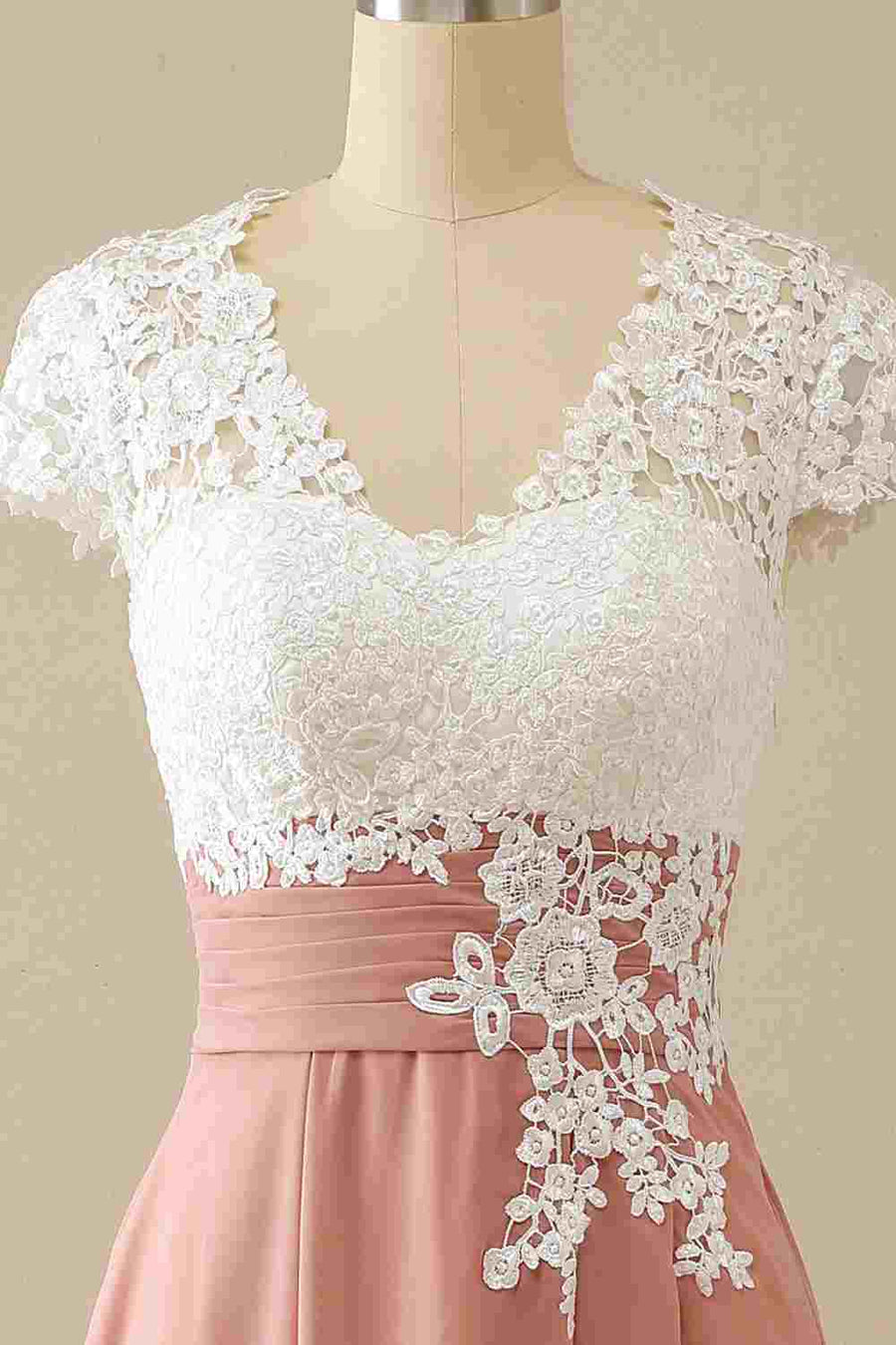 Coral Pink Lace Cap Sleeve Mother of the Bride Dress