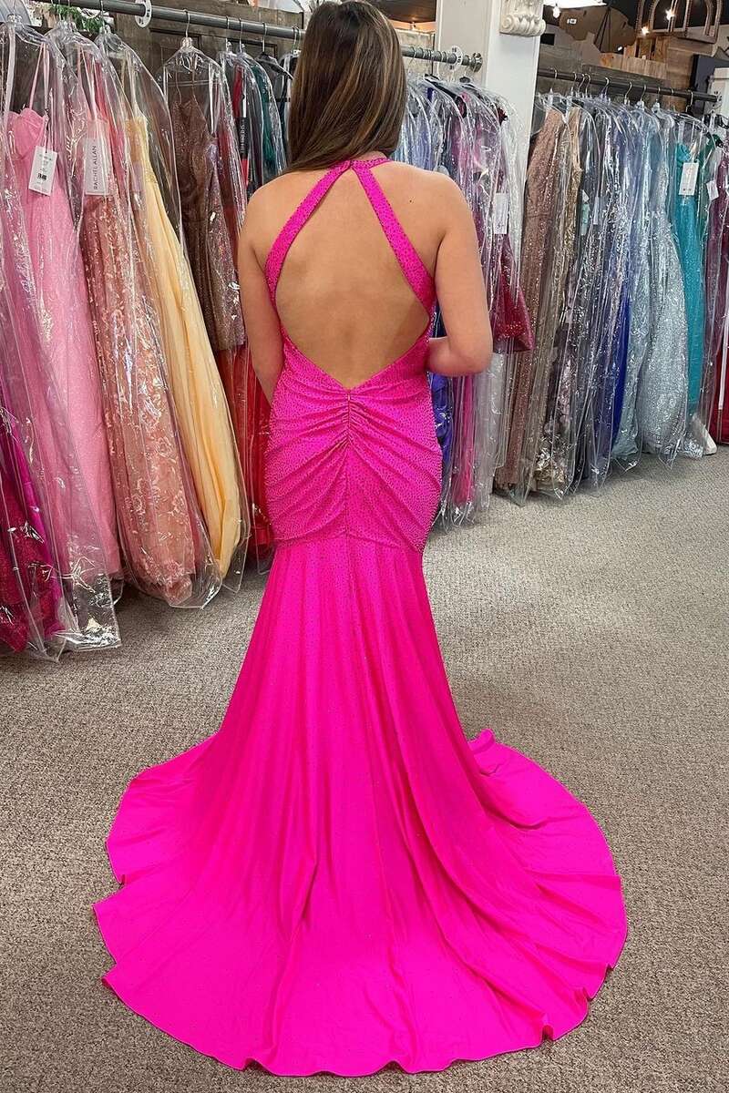 Neon Pink Beaded Halter Backless Mermaid Long Prom Gown