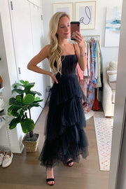 Hot Pink Straps Tiered A-Line Long Prom Dress