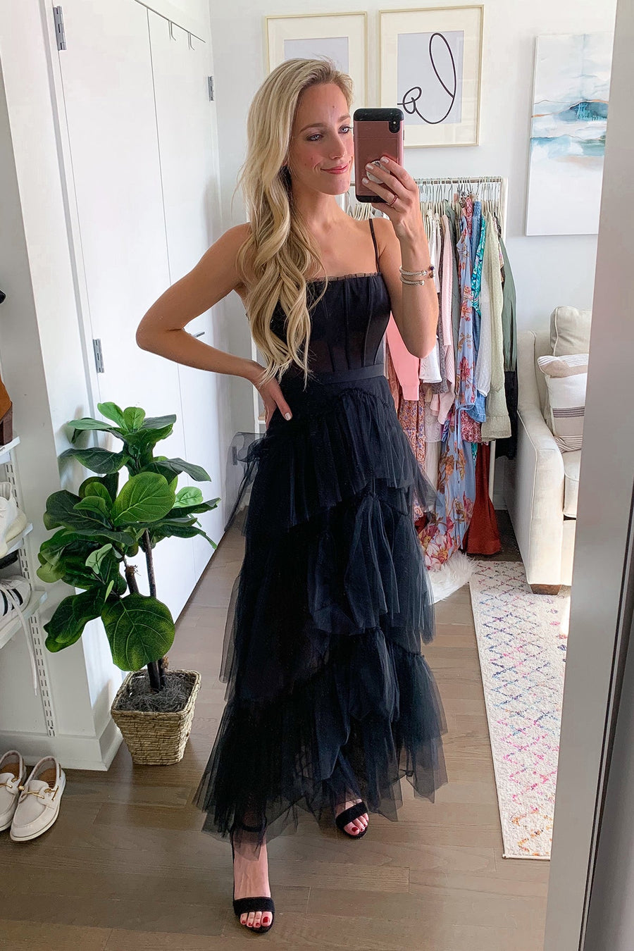 Hot Pink Straps Tiered A-Line Long Prom Dress