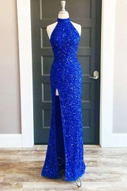 Royal Blue Sequin Halter Long Prom Dress with Slit