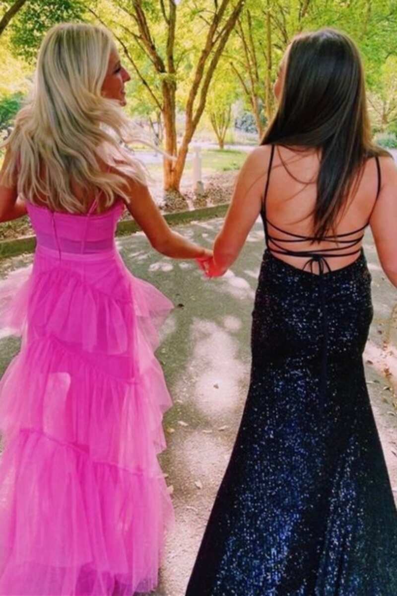 Hot Pink Straps Tiered A-Line Long Prom Dress