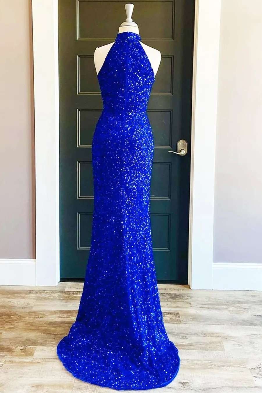 Royal Blue Sequin Halter Long Prom Dress with Slit