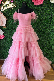 Pink Feather Cold-Shoulder Tiered Long Prom Dress with Ruffles