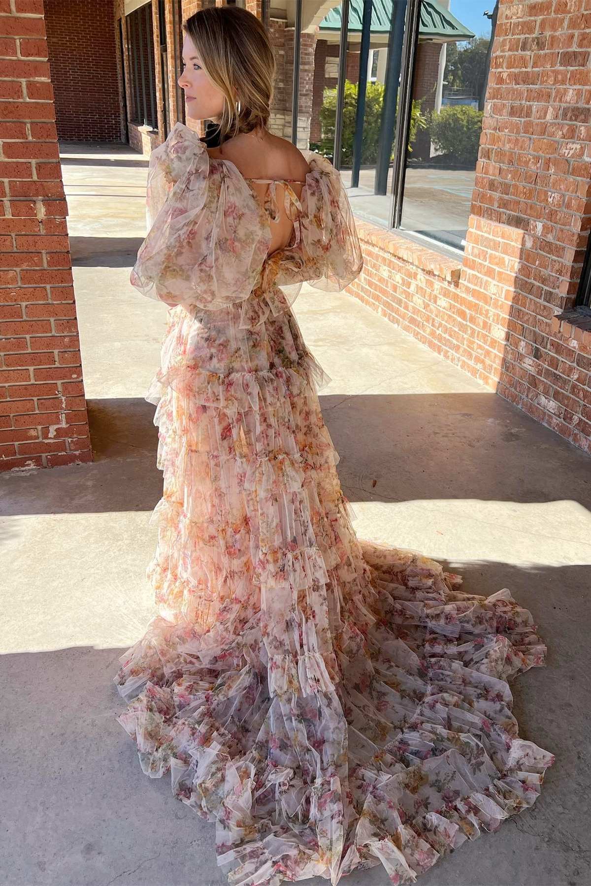 Two-Piece Floral Print Split Neck Puff Sleeve Long Prom Dress