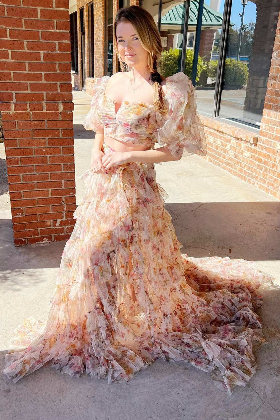Two-Piece Floral Print Split Neck Puff Sleeve Long Prom Dress
