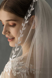 White Mesh Leaf Medium Long Bridal Veil
