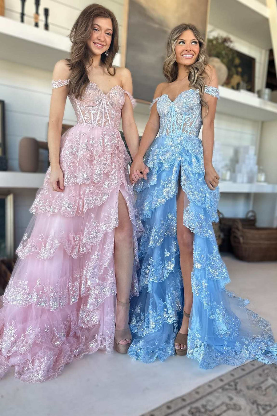 Fairytale Sequin-Embroidery Off-the-Shoulder Tiered Long Prom Dress with Slit