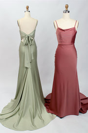 Cowl Neck spaghetti straps Bow Back Long Bridesmaid Dress