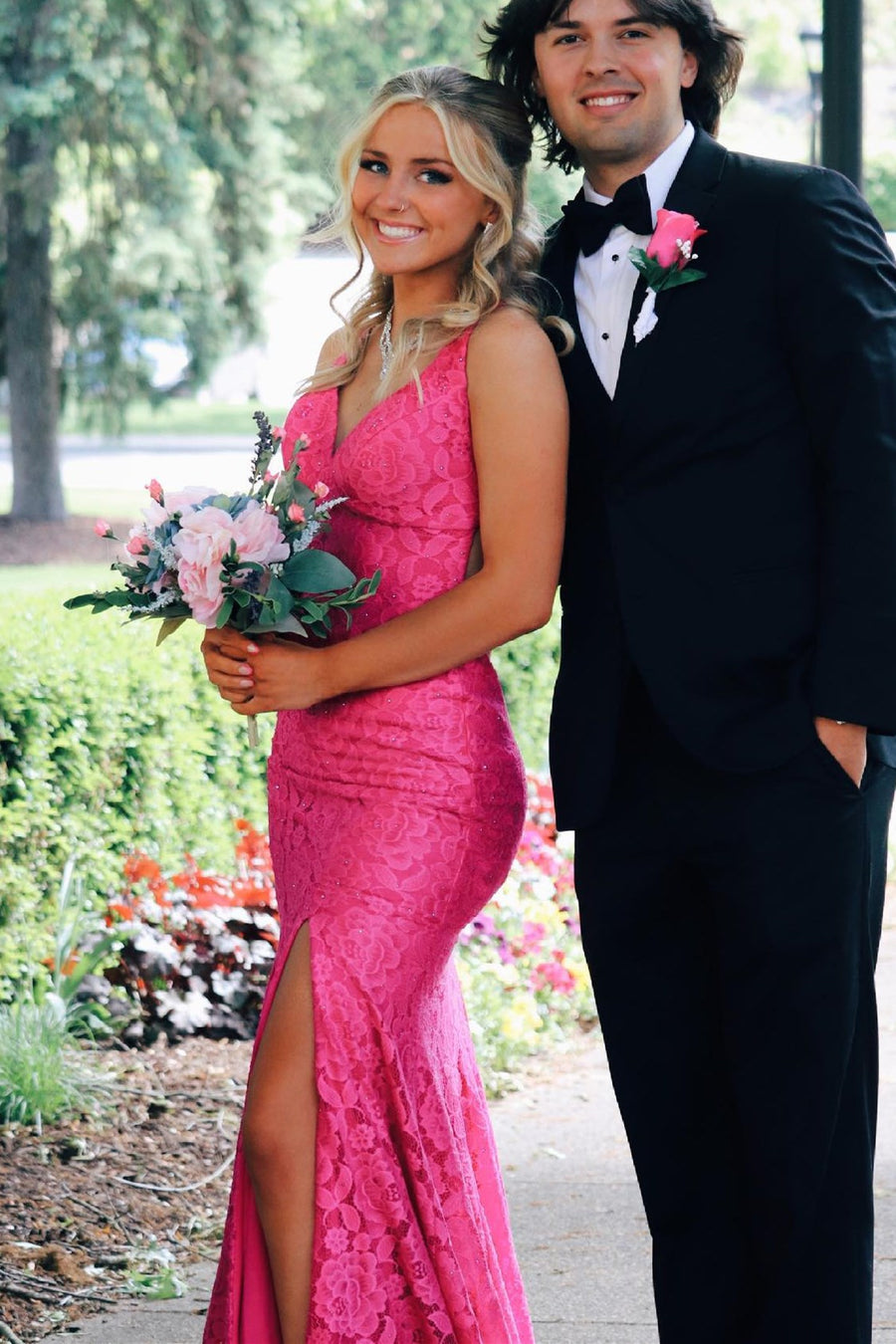 Pink Lace Mermaid Long Prom Dress with Slit