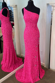 One Shoulder Stars Mermaid Sequins Formal Dress with Slit
