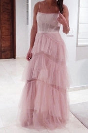 Hot Pink Straps Tiered A-Line Long Prom Dress