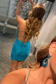 Blue Lace Tight Homecoming Dress with Lace-Up Back