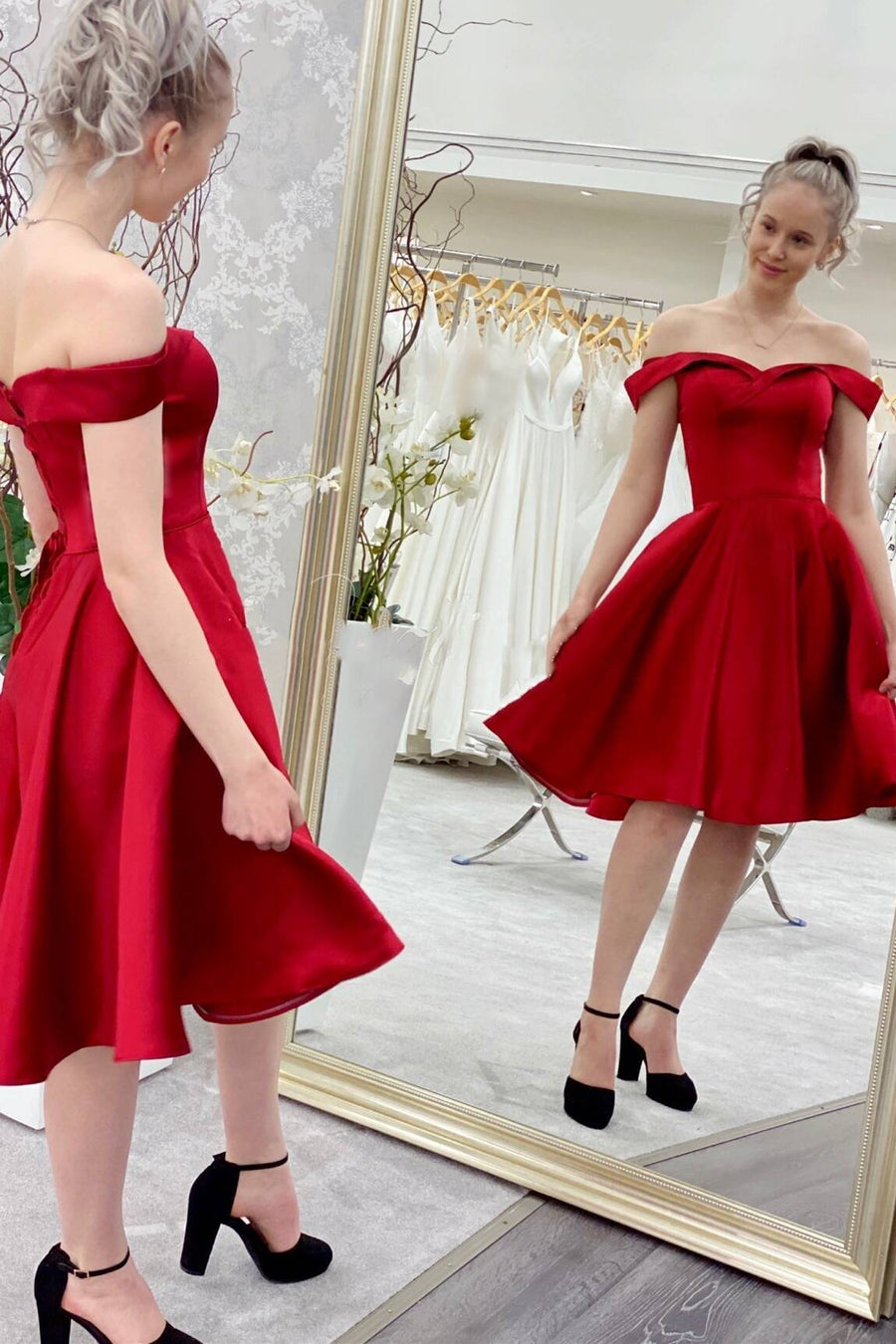 Red Off the Shoulder Short Homecoming Dress