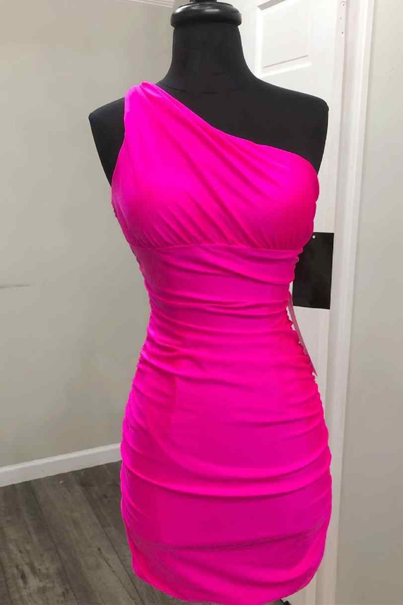 One Shoulder Hot Pink Tight Homecoming Dress