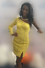 One Sleeve Hot Pink Sequins Party Dress