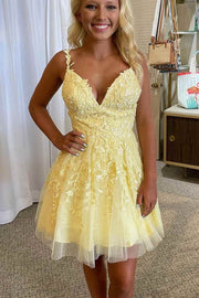 Princess Yellow Appliques A-line Short Homecoming Dress