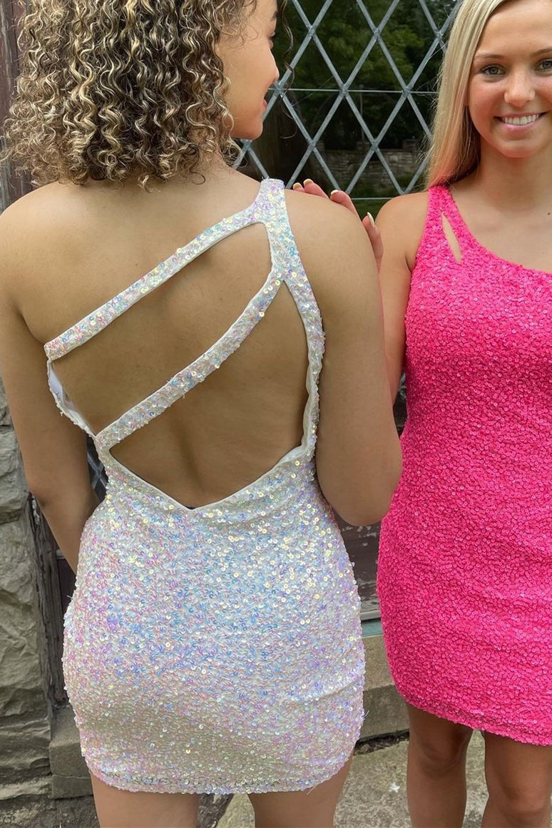 One Shoulder Sequins Bodycon Mini Dress with Keyhole