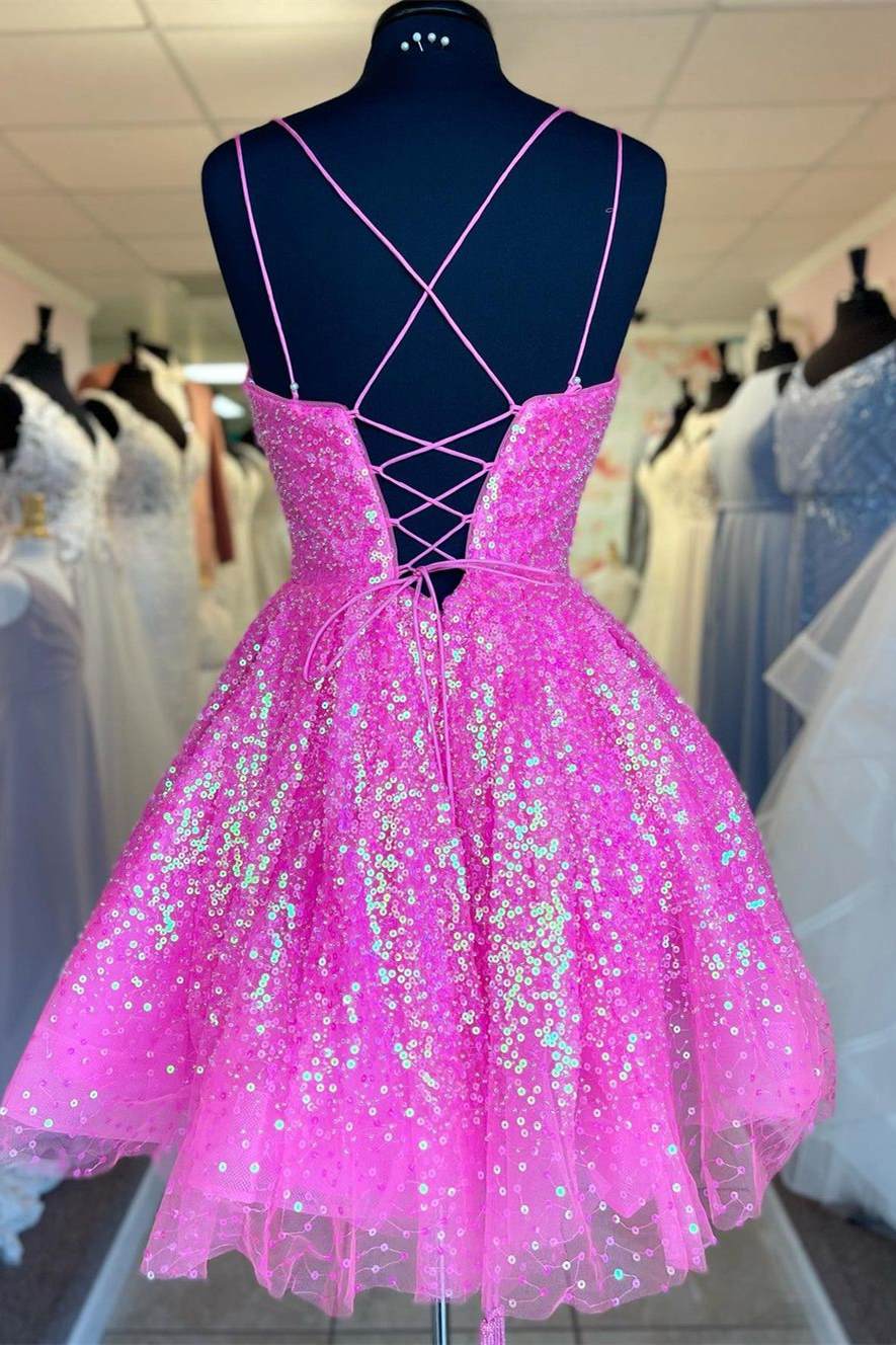 Sparkle A-line Barbie Pink Sequins Short Party Dress