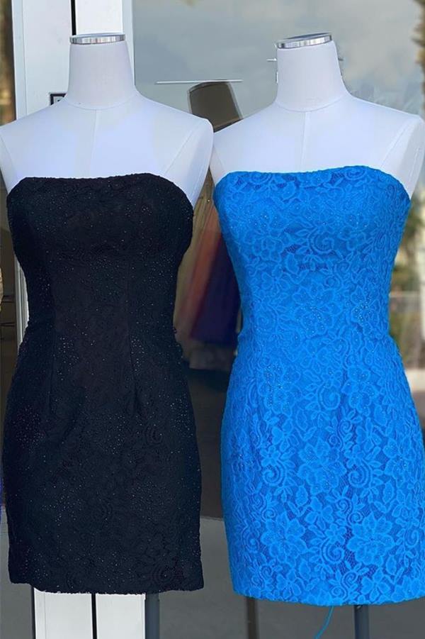 Blue Lace Strapless Bodycon Mini Dress