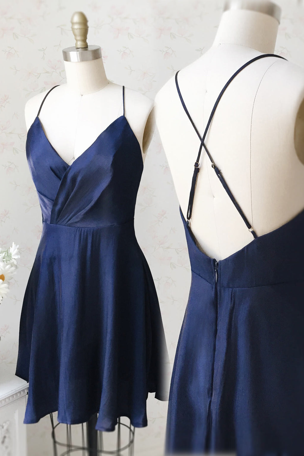 Simple Vintage A Line Round Neck Navy Blue Satin Short Homecoming Dress Outfits DP5000 main image 1