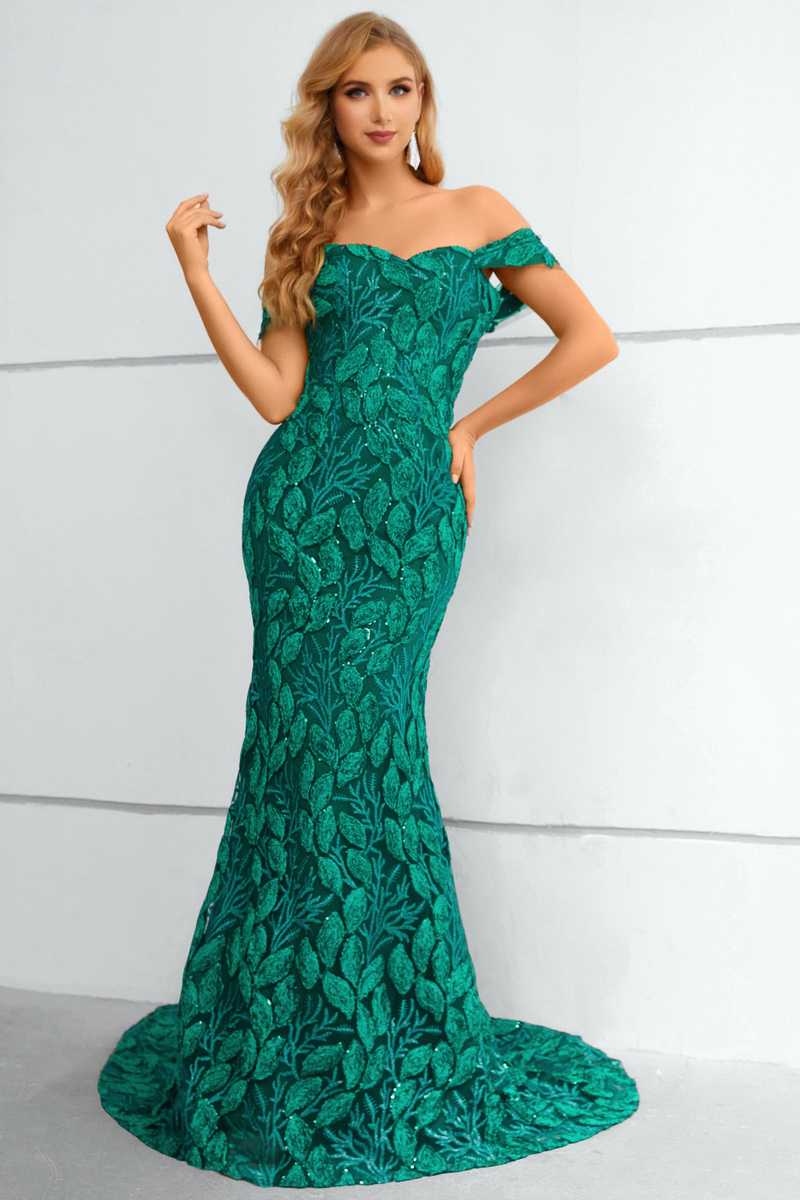 Green Lace Off the Shoulder Mermaid Long Bridesmaid Dresses, SG165 main image 1