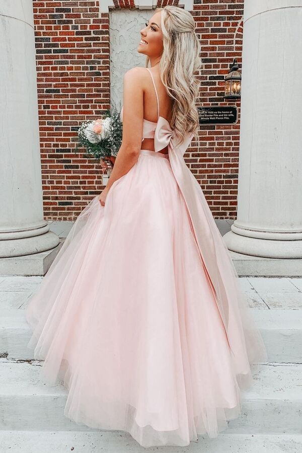 Bow Back Pink A-line Empire-Waist Sleeveless Tulle  Long Prom Dress