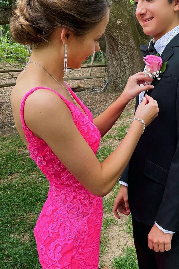 Trumpet Hot Pink Lace Open Back Long Prom Dress
