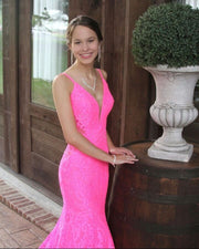 Trumpet Hot Pink Lace Open Back Long Prom Dress