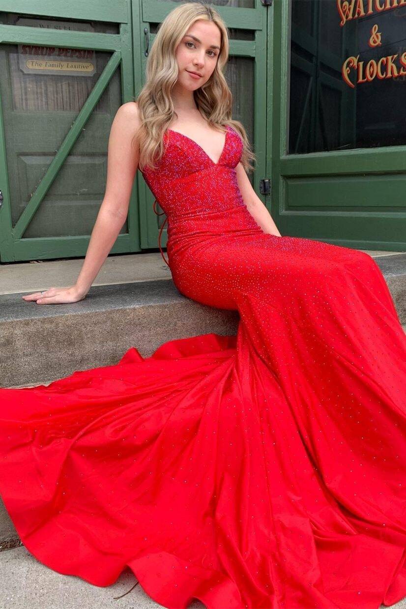 Red Mermaid Beaded Long Formal Dress