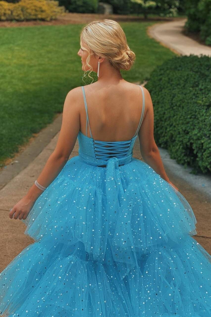 Blue Stars High Low Long Formal Dress