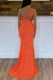 Glitter One Shoulder Hot Pink Sequins Mermaid Prom Dress with Slit