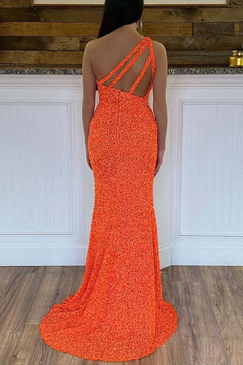 Glitter One Shoulder Hot Pink Sequins Mermaid Prom Dress with Slit